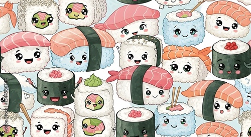 Cute Sushi Character Pattern | Kawaii Food Seamless Background for Kids, Textiles, and Restaurant Marketing