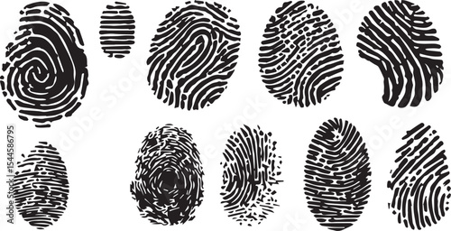 set of Black Fingerprint Icon on White Isolated Background – Grunge Thumbprint Sign and Identity Symbol for Graphic Design and Digital Art Projects
