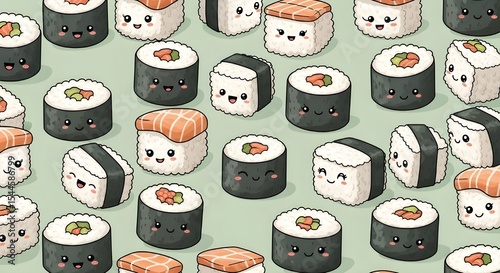 Cute Sushi Seamless Pattern with Kawaii Faces | Colorful Japanese Food Background for Restaurant Menus, Packaging, and Creative Marketing