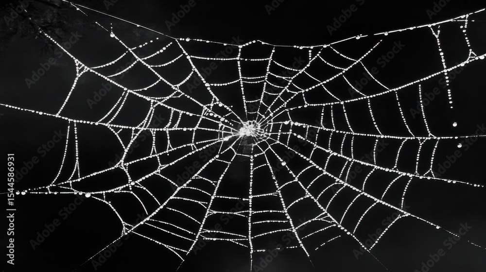 Obraz premium A realistic close-up photograph of a single, dew-kissed spiderweb, perfectly intact and glistening with morning light, symbolizing resilience and intricate connection. The soft, natural light