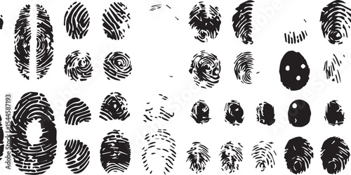 set of Vector Black Fingerprint Silhouette on Clean White Background – Grunge Thumbprint Sign and Identity Symbol Graphic for ID Design and Illustration
