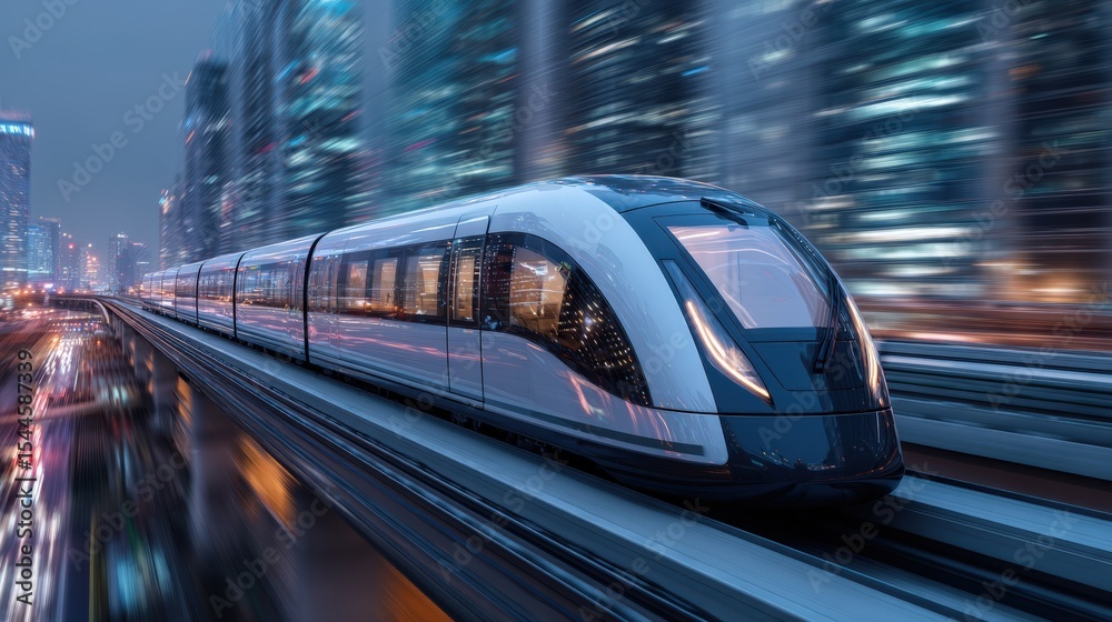 Fototapeta premium Futuristic High Speed Maglev Train Traveling Through Modern City at Night