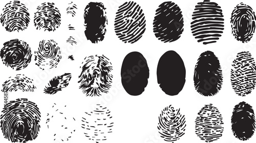 set of Detailed Black Fingerprint in White Background – Grunge Thumbprint Sign and Fingerprint Silhouette for Identity Graphic and Digital Illustration
