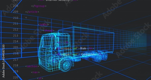 Opening on glowing grid tunnel with cyan wireframe truck while HTML tags building security outline