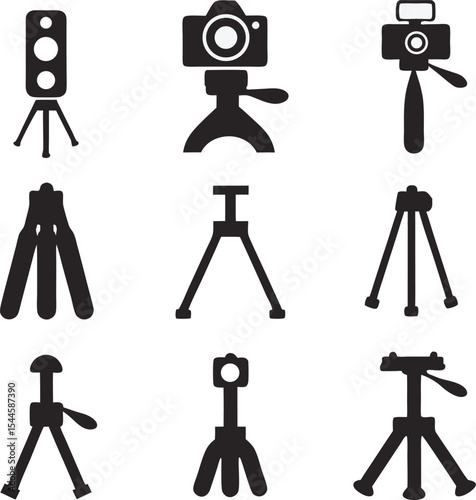 Black and white vector illustrations of various tripods for photography and videography representing different models and designs for professional use.