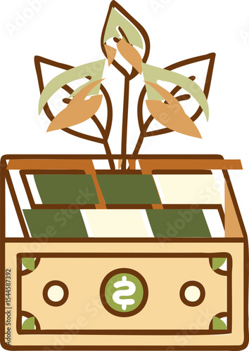 Beige Banknote with Green Dollar Sign and Growing Plants