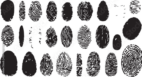 set of Black Fingerprint Icon on White Background – Grunge Thumbprint Silhouette Representing Identity Symbol and Vector Graphic Element for ID Design
