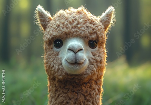 Fluffy alpaca face in a serene, green forest backdrop.