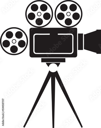 Classic black and white film camera silhouette on tripod illustrating vintage cinema and movie making with reel detail