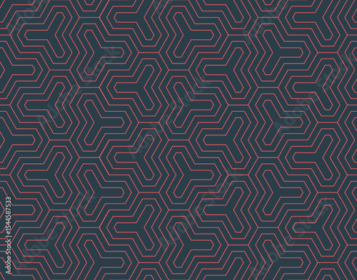 Minimalist hexagonal seamless pattern with thin red lines on black background. Elegant linear structure with oriental and futuristic feel. Ideal for tech, wallpaper or digital art. Endless abstraction
