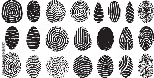 set of Black Fingerprint Icon on White Background – Grunge Thumbprint Silhouette Representing Identity Symbol and Vector Graphic Element for ID Design
