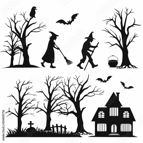 silhouettes of trees and birds