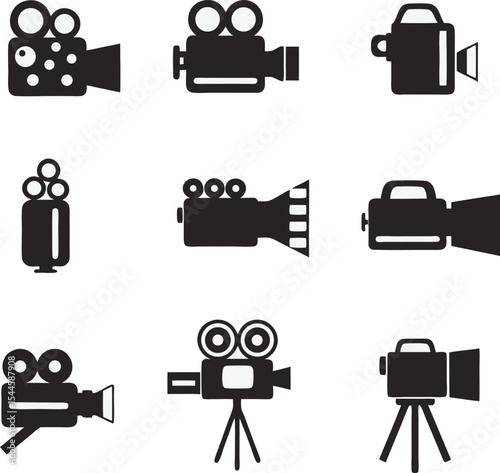 Collection of classic film camera silhouettes in various styles for movie making and video production concepts on a white background.