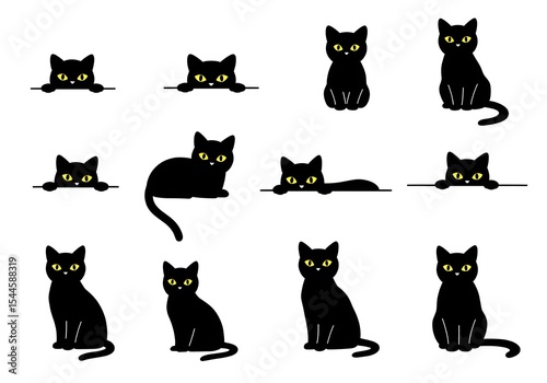Collection of Cute Black Cat Silhouettes with Yellow Eyes in Various Poses