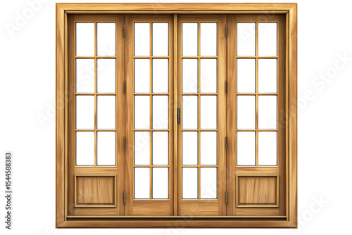 Natural wood finish window frame revealing darkness beyond a portal to imagination and unknown on transparent background