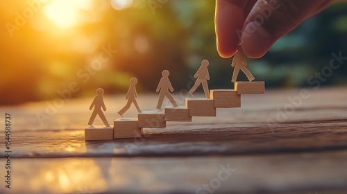 Hand placing figures on wooden steps symbolizing progress and growth.