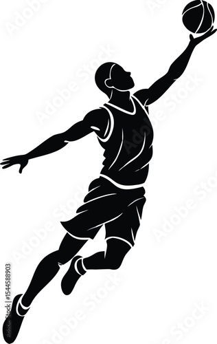 Dynamic silhouette of a basketball player executing a jump shot black and white vector illustration