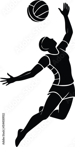 Dynamic silhouette of a female volleyball player spiking the ball skillfully reaching high during intense game action representing fitness and sport