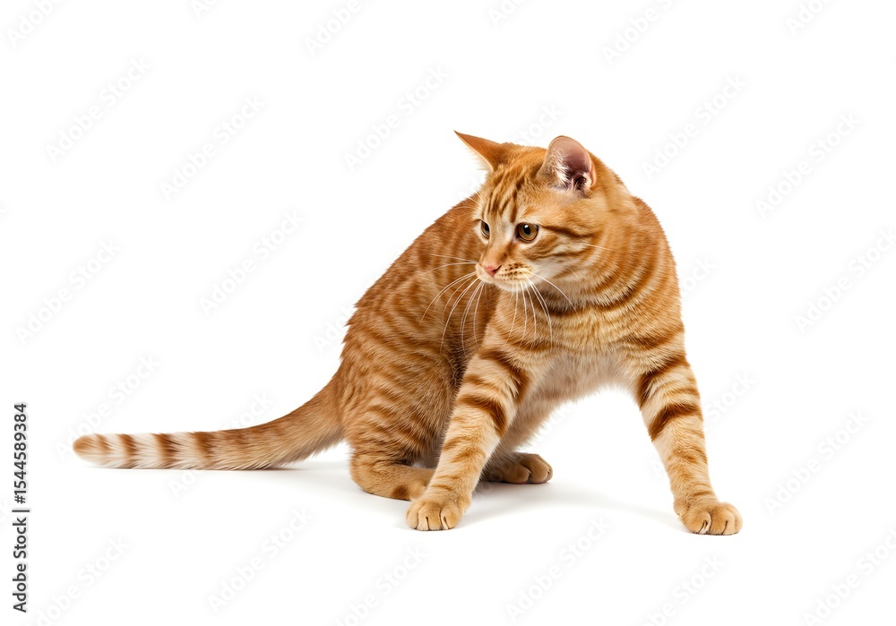 Fototapeta premium Cute Orange Tabby Cat Sitting in a Playful Pose with a Raised Paw