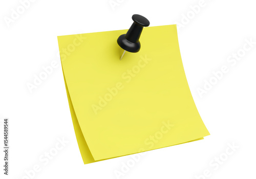 Isolated Yellow Sticky Note Pinned with Black Pushpin