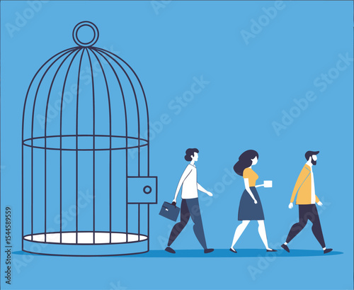 Businessman trapped in a cage, a powerful symbol of limited freedom. Silhouette businessman in birdcage illustration with people. House in the cage , illustrating a concept of home investment.