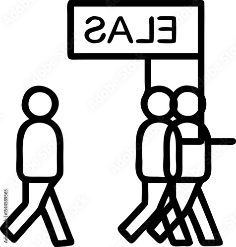 Black and White Illustration of People Walking Towards Sales Sign