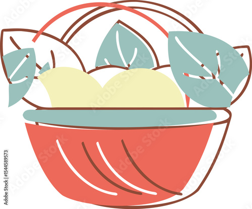 Red Basket with Pale Yellow and Teal Leaves pale yellow flower