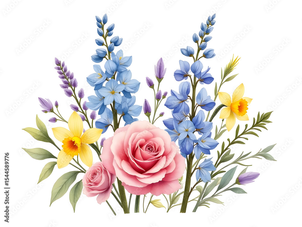 Fototapeta premium Watercolor Painting of a Pink Rose with Yellow Daffodils Blue Delphiniums and Purple Flowers isolated on a transparent background