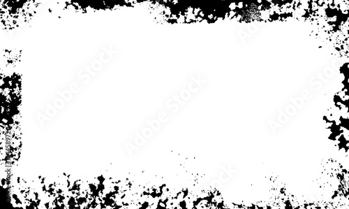 Scratchy frame border. Vector grunge texture background. Black brush edge. Distressed vintage ink element. Old hand drawn grungy grainy eroded strokes. Urban bold punk banner bg. Sponge stamp splatter