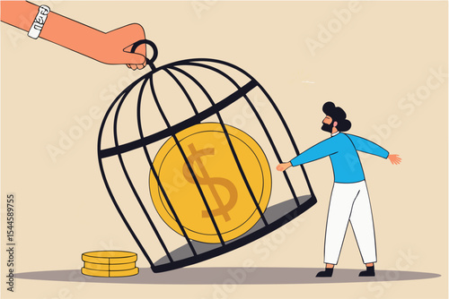 Businessman trying to get dollar coins out of cage. Businessman destroying cage with gold coins. Businessman sitting next to cage full of gold coins. Metaphor for financial freedom