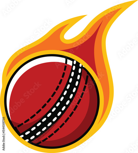 Fiery cricket ball graphic illustration of a red cricket ball with flames representing speed and power in a vector design