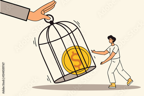 Businessman trying to get dollar coins out of cage. Businessman destroying cage with gold coins. Businessman sitting next to cage full of gold coins. Metaphor for financial freedom