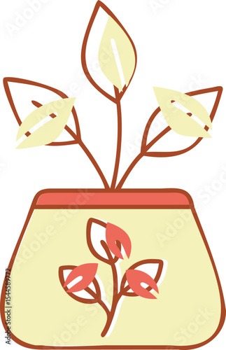 Pale Yellow Pot with Brown and Cream Plant and Red Flowers