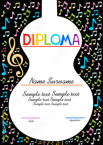 Musical template. Vertical musical diploma. Certification template with musical instruments. Best for music shop, music blog, music store. Concept design diploma education. Flat vector