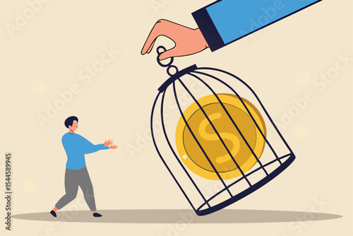 Businessman trying to get dollar coins out of cage. Businessman destroying cage with gold coins. Businessman sitting next to cage full of gold coins. Metaphor for financial freedom