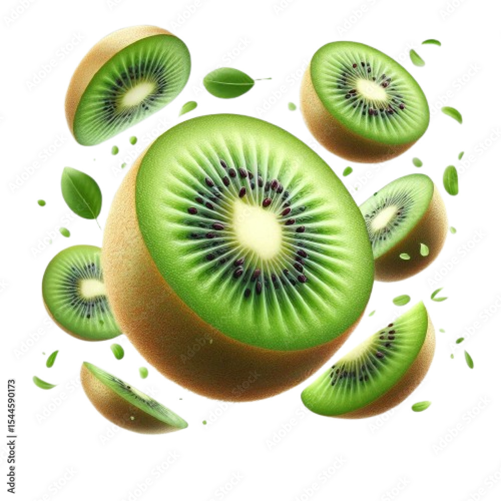 Fototapeta premium kiwi fruit slices floating on white background