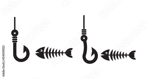 Fish bone and empty hook vector icon. Hanging hook on string vector icon. Empty fish hook vector icon