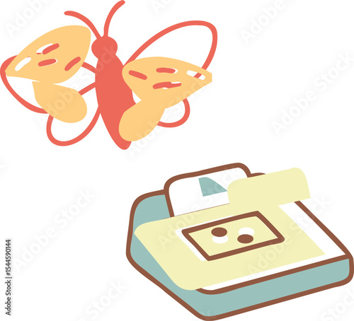 Orange Butterfly above Pastel Yellow Device with Buttons