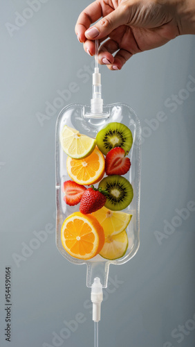 Close-up of a human hand holding an isolated saline bag filled with vibrant fruit slices on transparent background for health marketing.