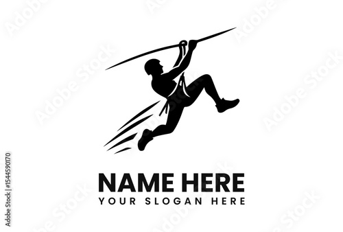 Silhouette of a person ziplining with visible harness and speed lines, with placeholder text for a name and slogan.