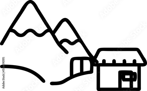 Black Line Art Mountain Cabin Simple Illustration house