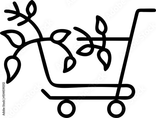 Shopping Cart with Leafy Plants Black Line Art leaves