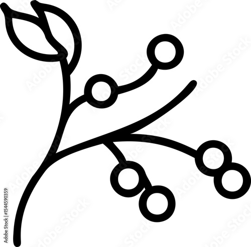 Black Line Art Branch with Berries and Leaf white