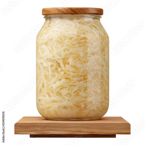 Isolated Transparent Jar of Sauerkraut on Wooden Cutting Board
