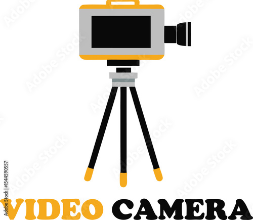 Modern video camera illustration set on a tripod representing media production and digital filmmaking in a simple flat design with bold colors and typography