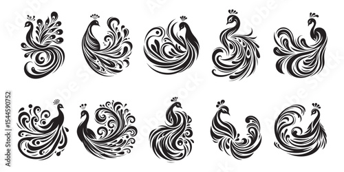 Peacock Vector Illustration Art Bundle Set for Tattoo Design