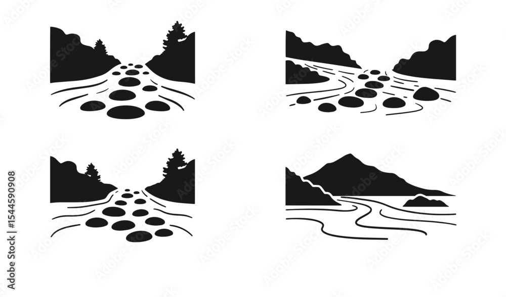 Fototapeta premium Black and white vector illustrations of river landscapes with rocks and mountains