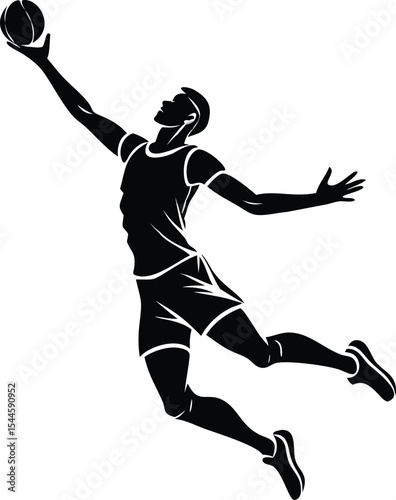 Silhouette of a basketball player in midair reaching for the ball capturing action and dynamic movement in a sporting illustration