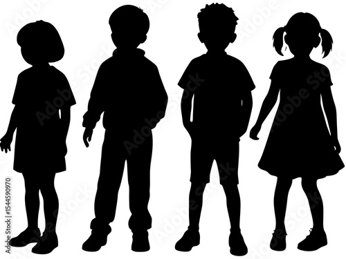 Four Children Silhouettes, Black, Standing