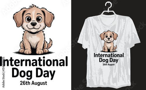 Adorable cartoon puppy on a t-shirt design for International Dog Day, August 26th. Perfect for pet lovers and celebrating dogs.